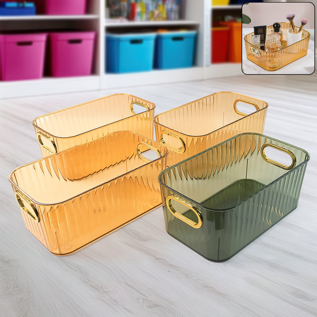 Premium Ribbed Transparent Storage Basket With Gold Handle  Multipurpose Kitchen Amp Home Organizer Box (25x14cm  4 Pc)