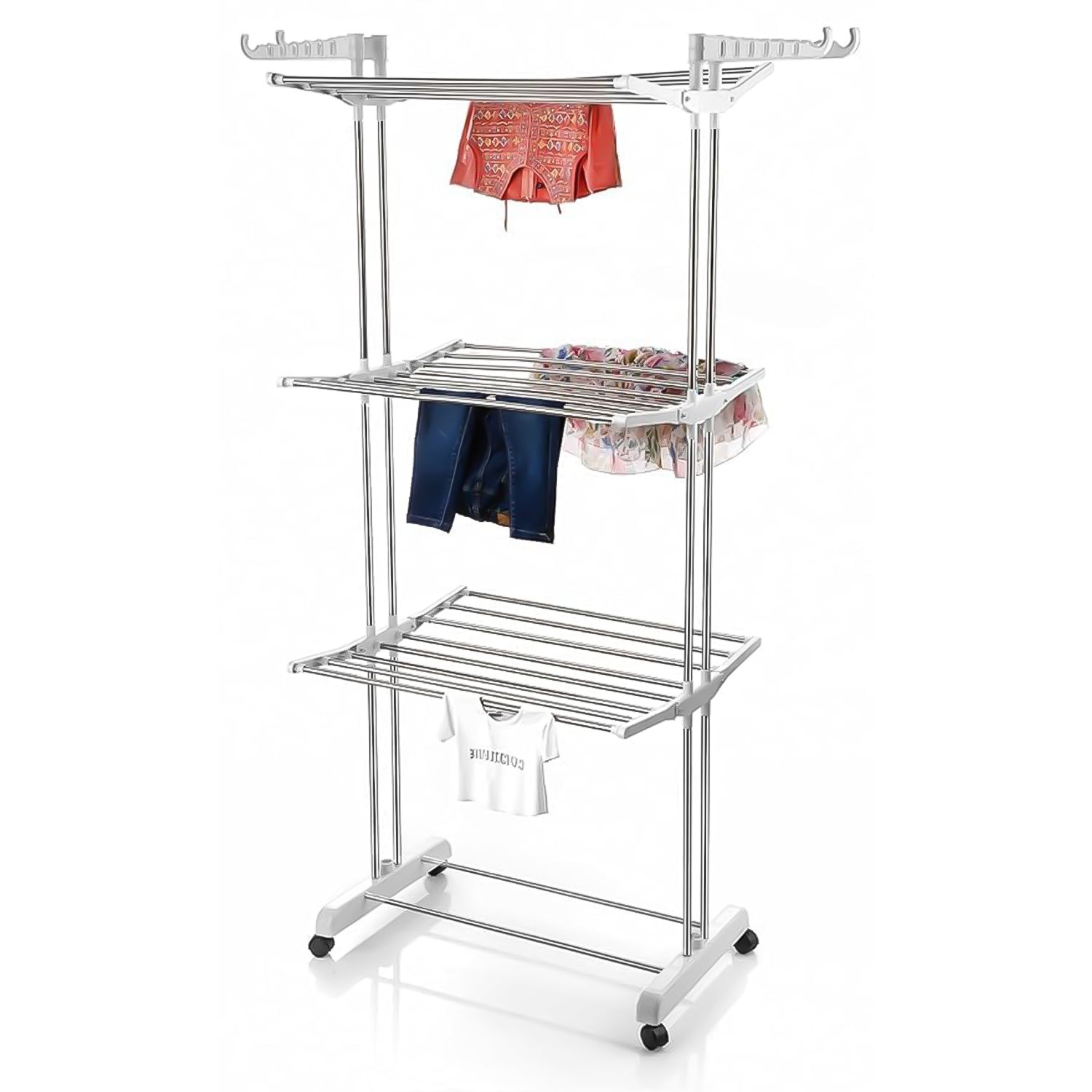 3-tier Foldable Stainless Steel Cloth Drying Stand With Wheels