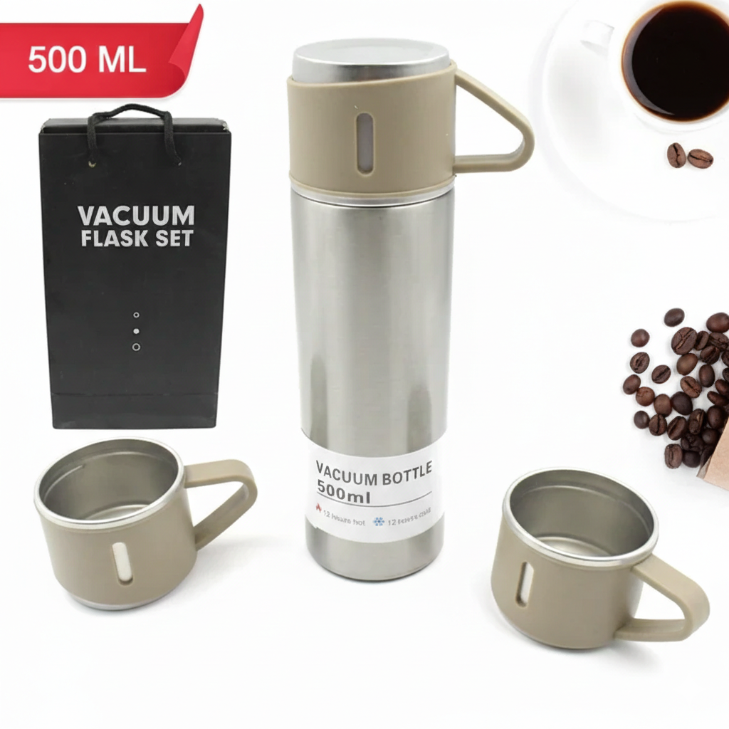 Stainless Steel Vacuum Flask with 3 Cups – 500ml