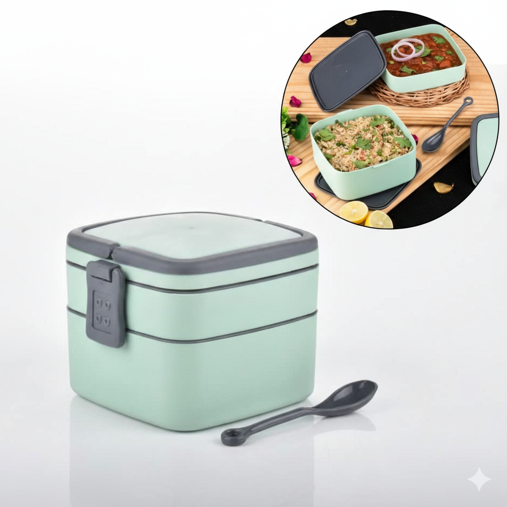 Portable Double-Layer Lunch Box with Handle & Spoon (Green)