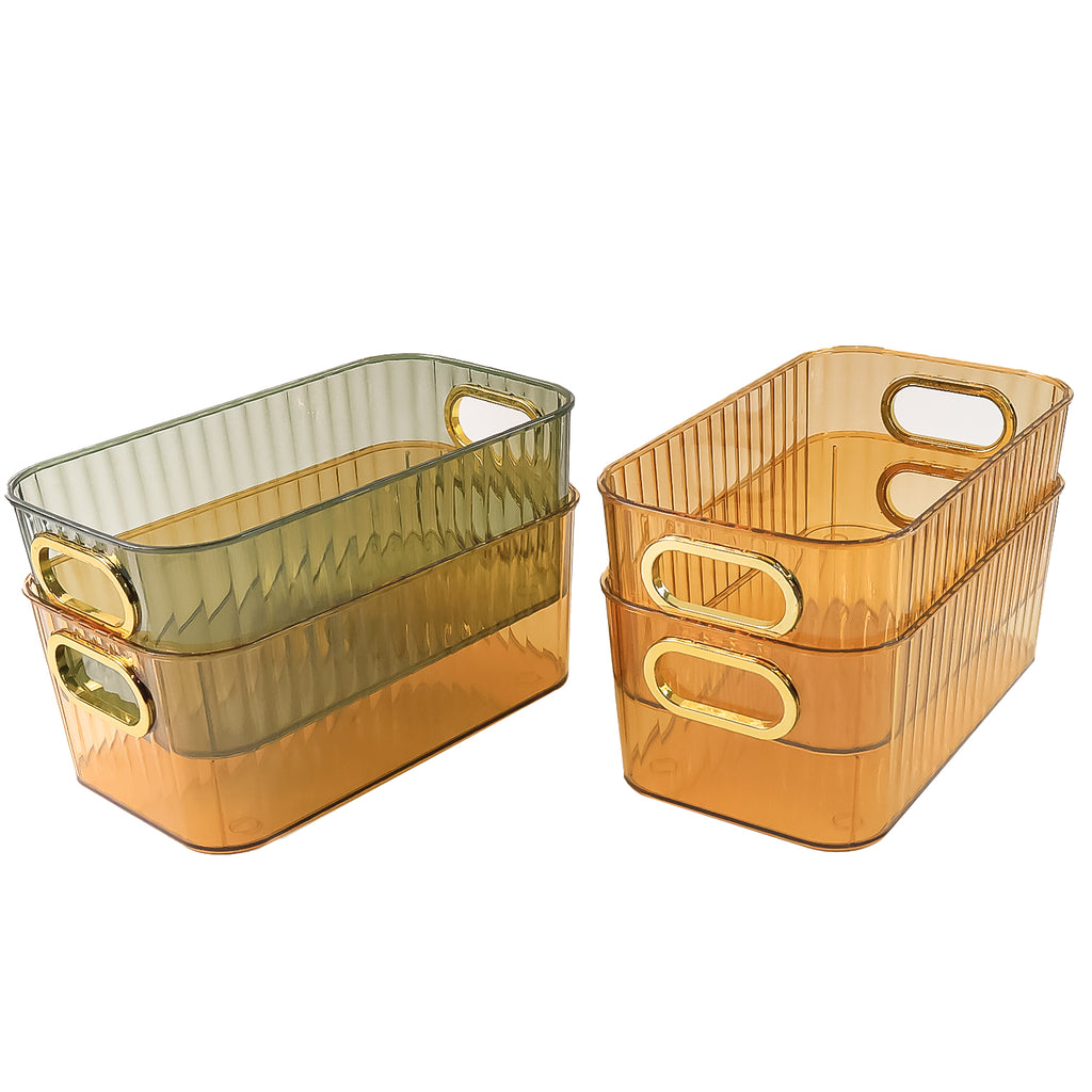 Premium Ribbed Transparent Storage Basket With Gold Handle  Multipurpose Kitchen Amp Home Organizer Box (25x14cm  4 Pc)