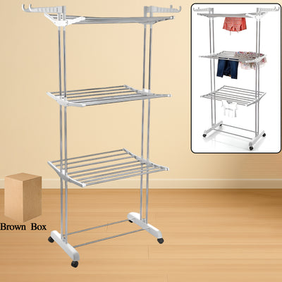 3-tier Foldable Stainless Steel Cloth Drying Stand With Wheels