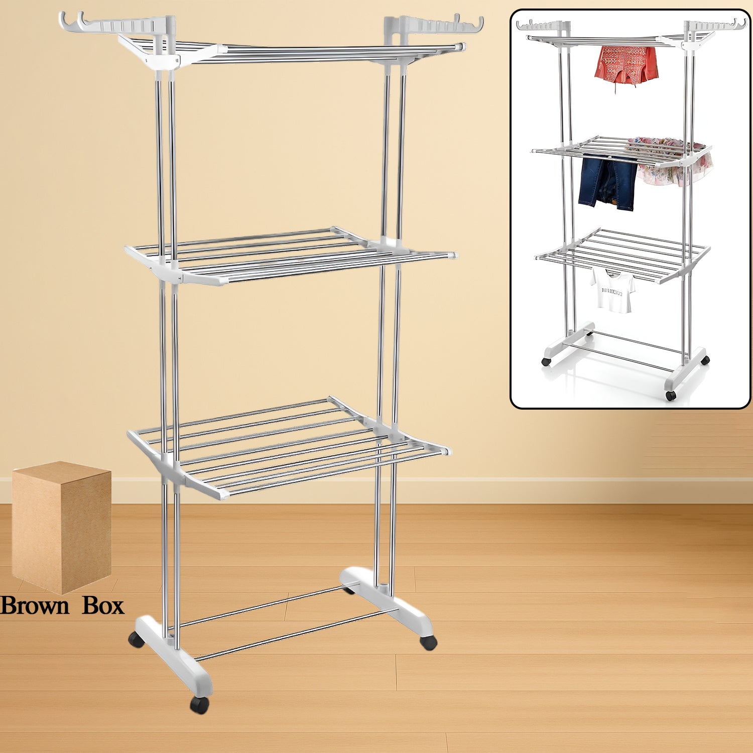 3-tier Foldable Stainless Steel Cloth Drying Stand With Wheels