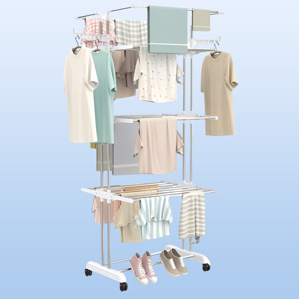 3-tier Foldable Stainless Steel Cloth Drying Stand With Wheels